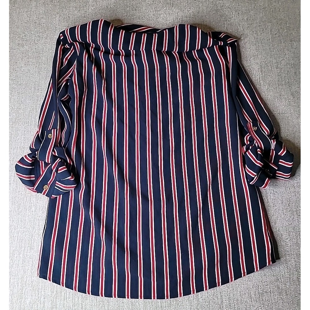 Michael Kors Women's Small Button Up Blouse Shirt Red White Blue Stripes Collar - Picture 8 of 10